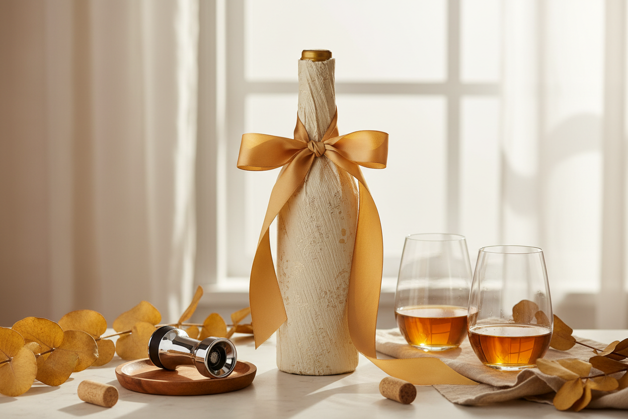 An elegantly wrapped wine bottle with ribbon surrounded by premium wine accessories in warm gold tones