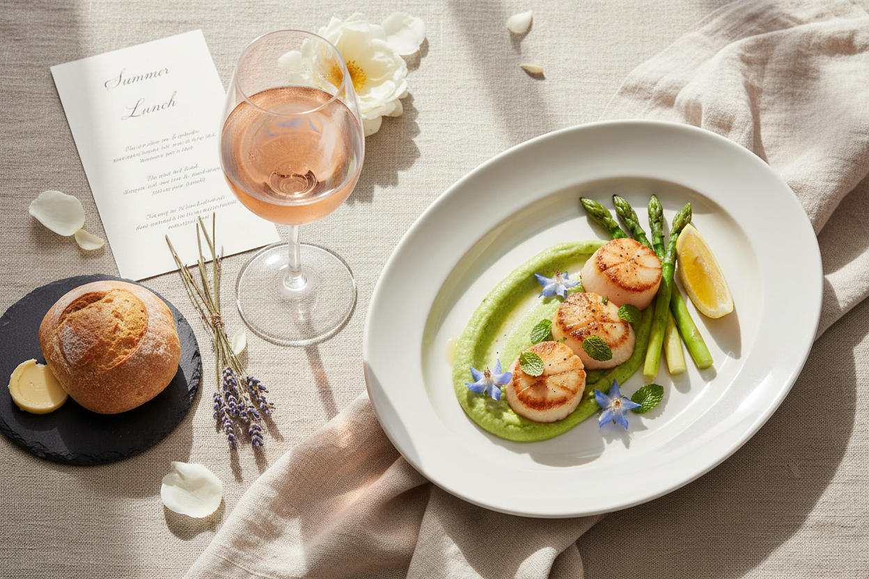 A bright and airy flat lay of a rosé wine glass alongside a light gourmet meal